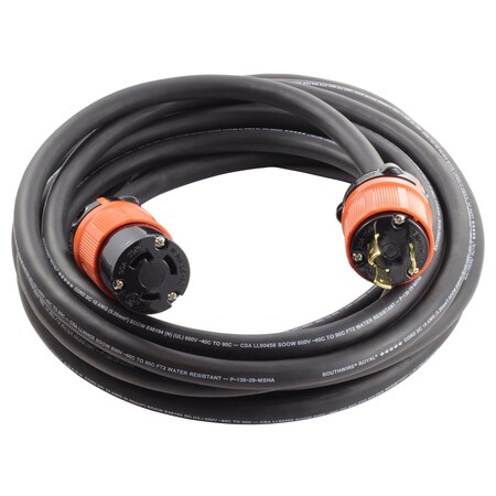 Ac Works SOOW; Cold Weather Extension Cord, 10 AWG, Indoor/Outdoor, 10/3, 1 Outlets, L6-30R, Black, Rubber L630PR-050